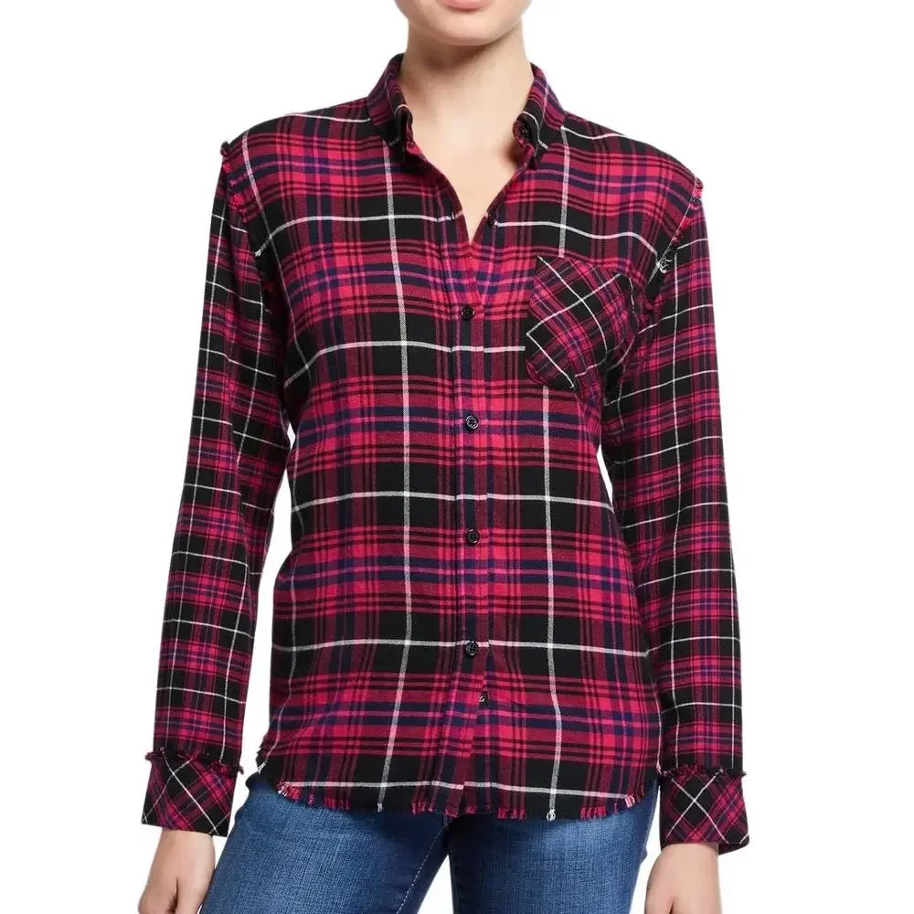 Rails Brock Fuschia Navy Black Plaid Flannel Frayed Long Sleeve Button Up Top